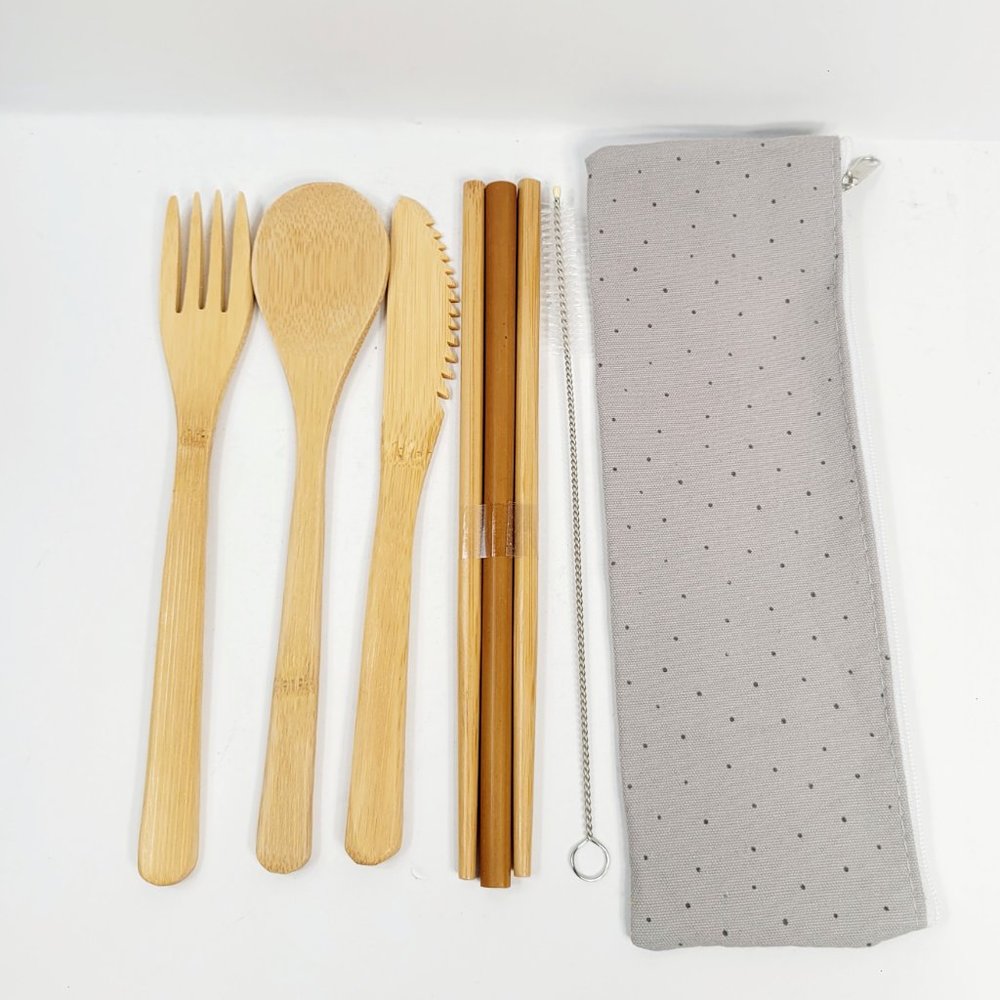 Bamboo Portable Utensils Cutlery - Grey Dot Case . 7 Pieces Included.